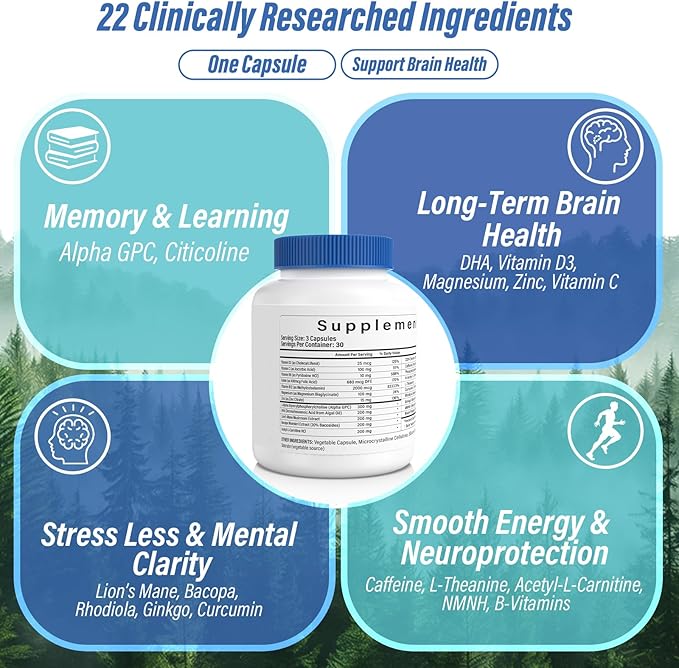 Brain Supplements for Memory and Focus Clarity &amp Cognitive Improvement 300mg Alpha GPC CDP-Choline DHA Lion’s Mane L-Theanine Vitamin &amp Phosphatidylserine for Men &amp Women 90 Capsul