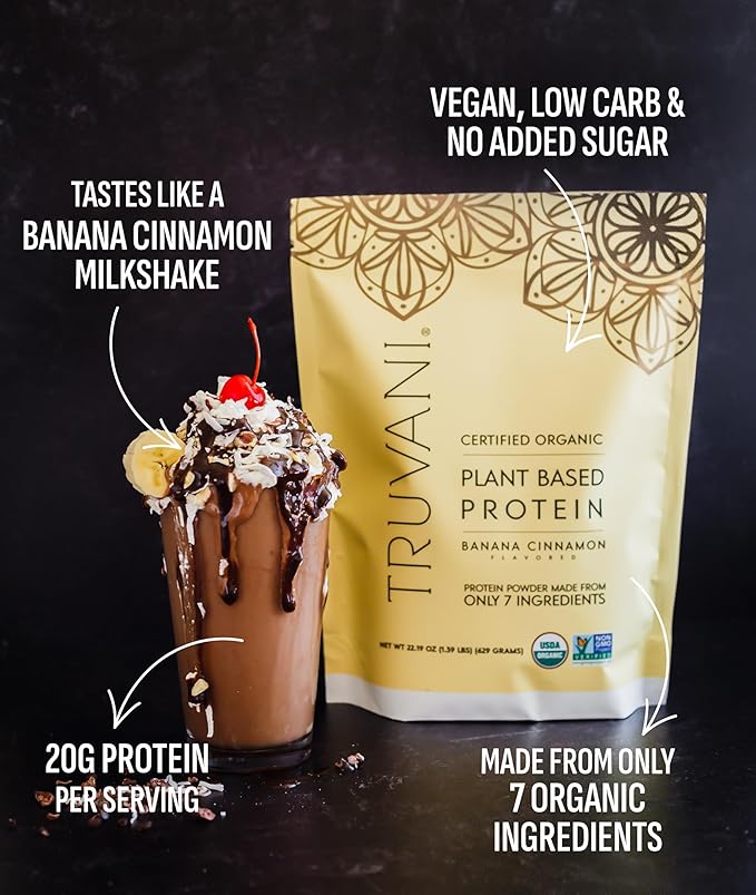Truvani Vegan Pea Protein Powder | Banana Cinnamon | 20g Organic Plant Based Protein | 20 Servings | Keto | Gluten &amp Dairy Free | Low Carb | No Added Sugar