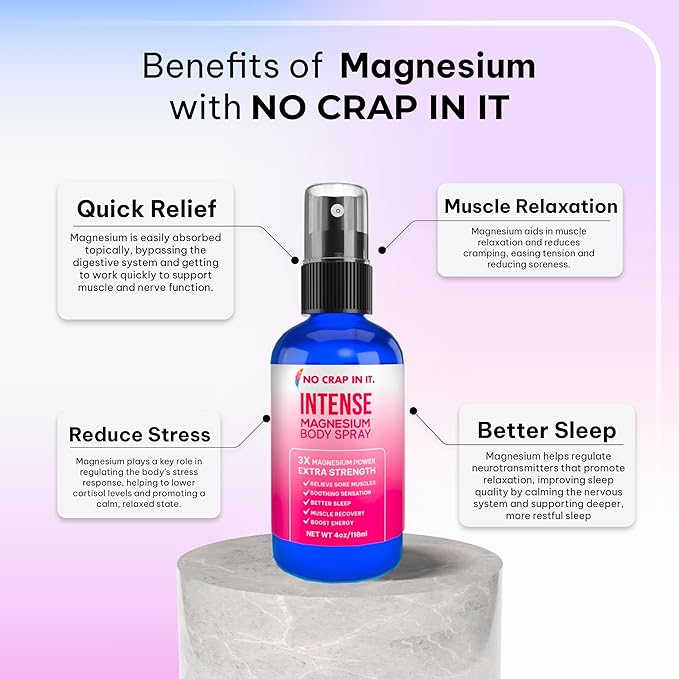 Intense Magnesium Spray Triple Magnesium Power: All Natural Magnesium Chloride Glycinate Sulfate -4oz