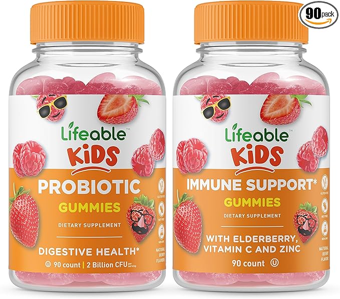 Lifeable Probiotic 2 Billion CFU Kids + Immune Support Kids Gummies Bundle - Great Tasting Vitamin Supplement Gluten Free GMO Free Chewable Gummy