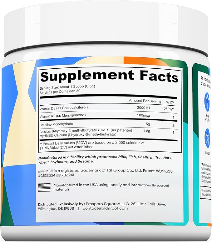 GoldenRoot GLDN Creatine HMB - Creatine Monohydrate with HMB for sustained Muscle Support and Recovery with Vitamin D3 and K2 for Bone and Joint Health - Unflavored - 30 Servings (1)