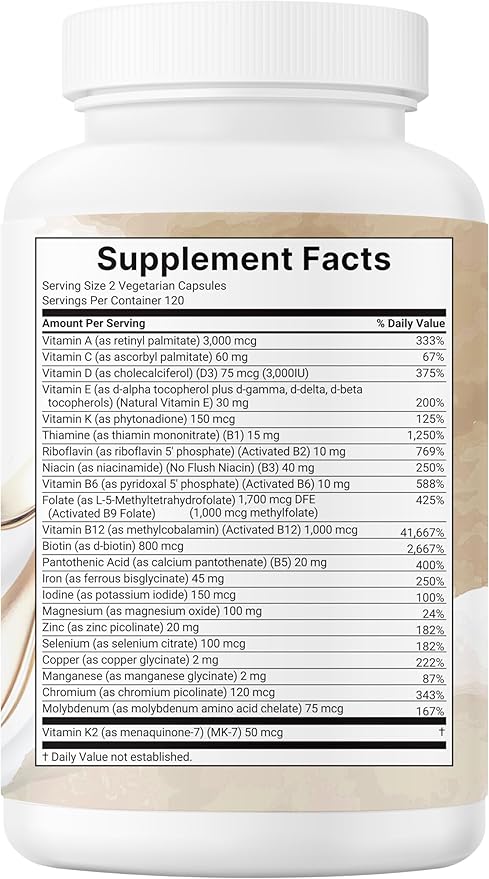 Micro Ingredients Methylated Bariatric Multivitamin with 45mg Iron for Women &amp Men 240 Veggie Capsules | 23-in-1 Essential Vitamins with D3 K2 Zinc &amp More| No Fillers Non-GMO