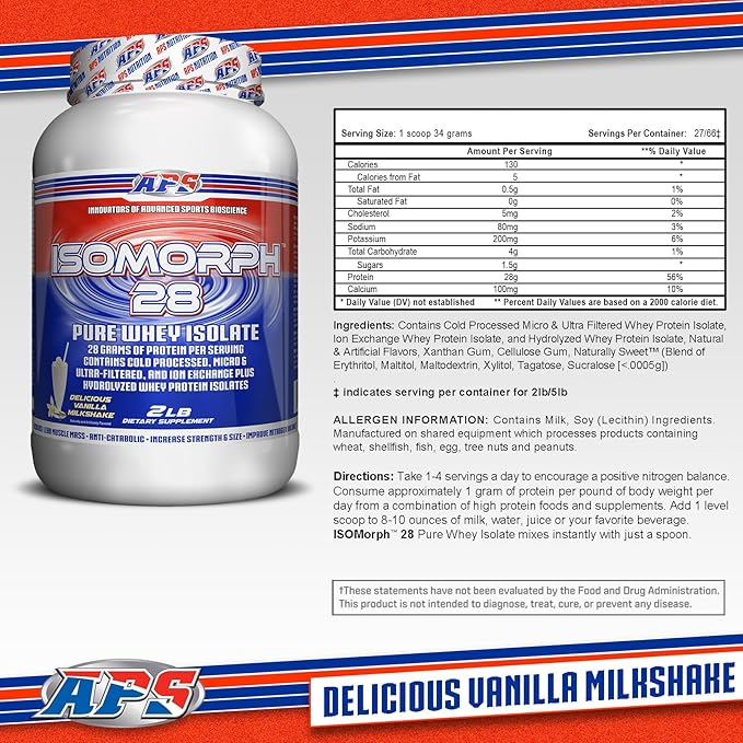 APS Nutrition IsoMorph 28 Protein Powder | Pure Whey Isolate | Cold Pressed Ultra- Filtered &amp Ion Exchange Isolates | 28g Protein | 2 Pound (Vanilla Milkshake)