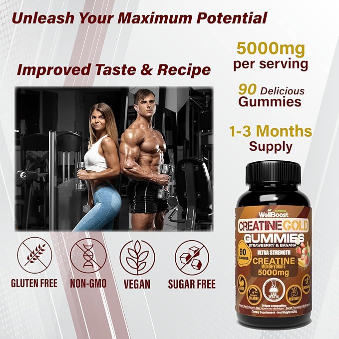 Creatine Gold – 5000mg Creatine Monohydrate Vegan Sugar-Free Gummies for Lean Muscle Growth Endurance Recovery &amp Energy (1 Month Supply) in Starwberry and Banana Flavour.