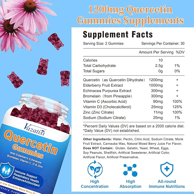 2 Pack Quercetin with Bromelain Gummies Quercetin 1200MG with Vitamin C Zinc &amp Elderberry for Immune System &amp Allergy Chewable &amp Vegan Gummies Mixed Berry Flavor 120 Cts