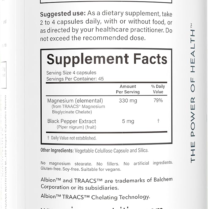 Magnesium Bisglycinate – 100% Pure Albion® TRAACS® Chelate – 330mg Elemental Magnesium – Non-Buffered No Oxide Gentle on Stomach – 180 Vegan Capsules