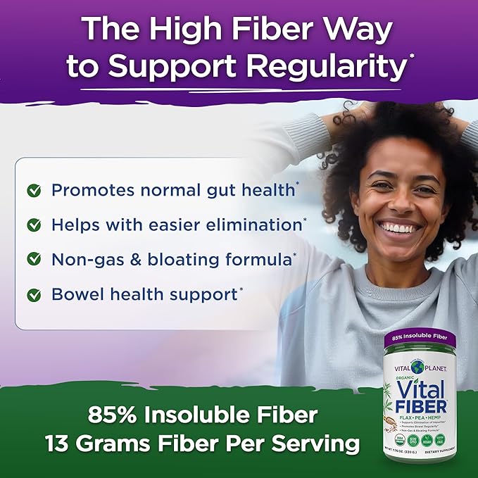Vital Planet - Vital Fiber Powder Soluble and Insoluble Fiber Supplement with Flax Pea and Hemp Organic Daily Dietary Supplement Supports Gut Digestive Regularity 7.76 oz