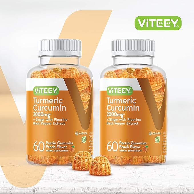 Viteey Turmeric Gummies with Turmeric Curcumin Ginger &amp Black Pepper Extract - Immune Support Healthy Skin and Joint Health - Vegan Gelatin Free GMO Free - Tasty Chewable Peach Flavored-120 C