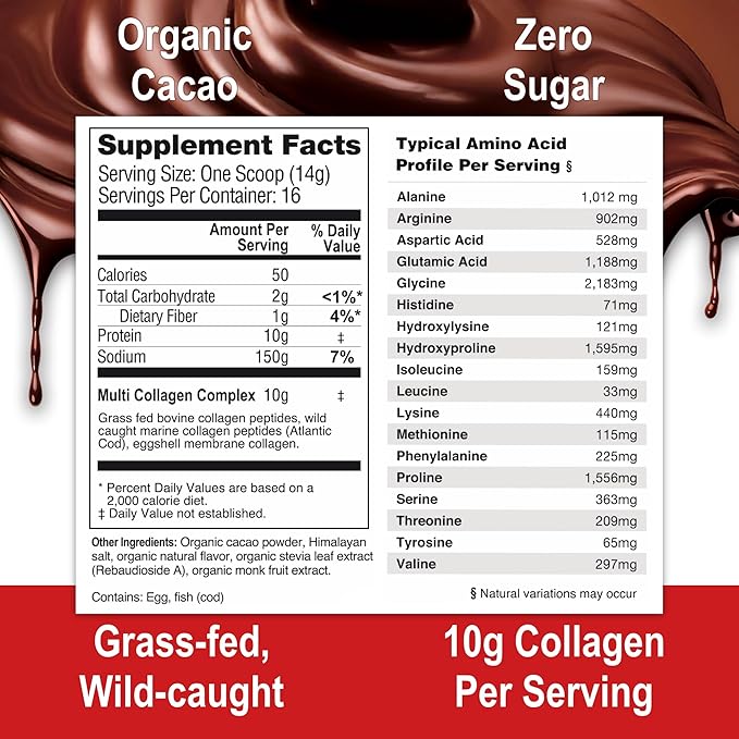 Mama Natural Hot Chocolate Multi Collagen Protein Powder Made with Organic Cacao Types 1 2 3 4 5 10 Collagen Peptides Powder - Grass Fed Beef Wild Fish Marine &amp USA Eggshell - 16 Servings