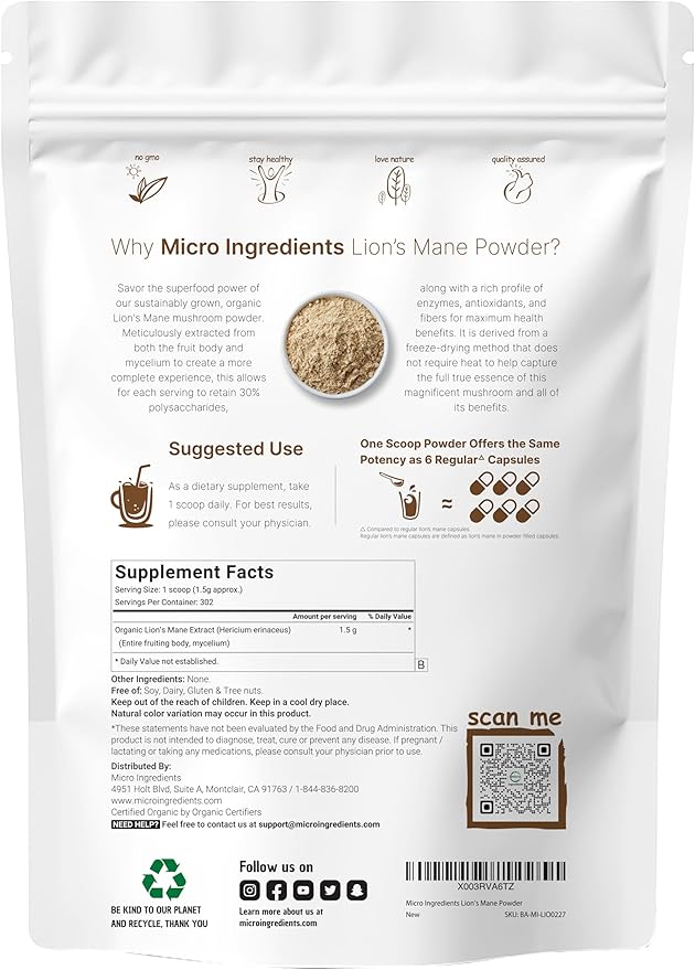 Micro Ingredients Multi Collagen Complex &amp Lions Mane Mushroom Supplement Powder Bundle 2 Pack | Grass-Fed Collagen Peptides | Natural Superfood for Brain Energy &amp Immune Health