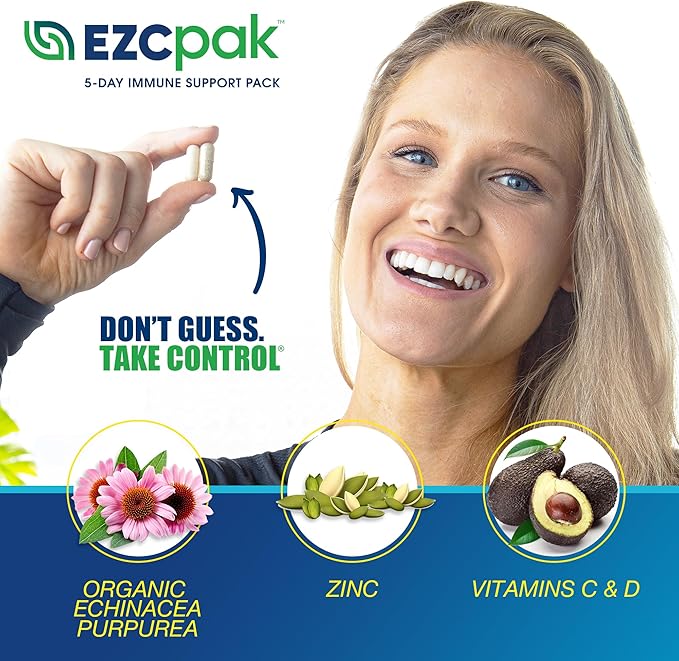 EZC Pak 5-Day Immune System Booster with Echinacea Vitamin C Zinc &amp Vitamin D - Tapered Immune Support Supplement for Adults - Supports Immunity Easy Travel-Size Supplement Pack - (Pack of 2)