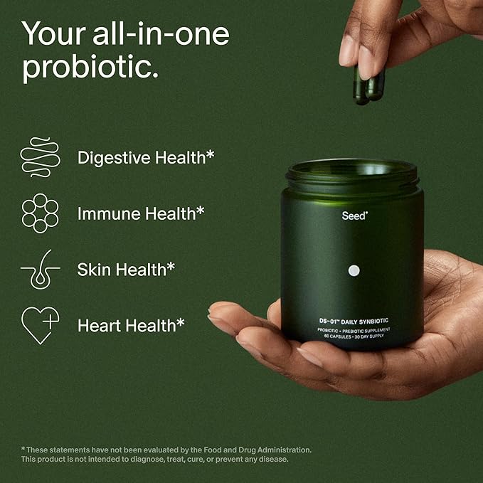Seed DS-01 Daily Synbiotic - Prebiotic and Probiotic for Women &amp Men - Digestive Health Gut Health Immune Support Bloating &amp Constipation Relief - Vegan &amp Shelf-Stable - 60 Capsules (30