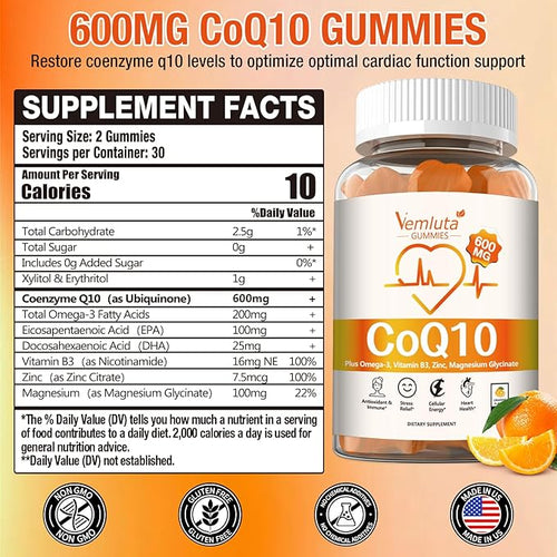 2 Packs 600MG CoQ10 Gummies - 3X Better Absorption Coenzyme Q10 (Ubiquinone) Gummies for Adults Co Q10 Supplement Plus Omega-3 Magnesium Vitamin B3 &amp ZincEnergy Brain＆ Heart Support120 Count