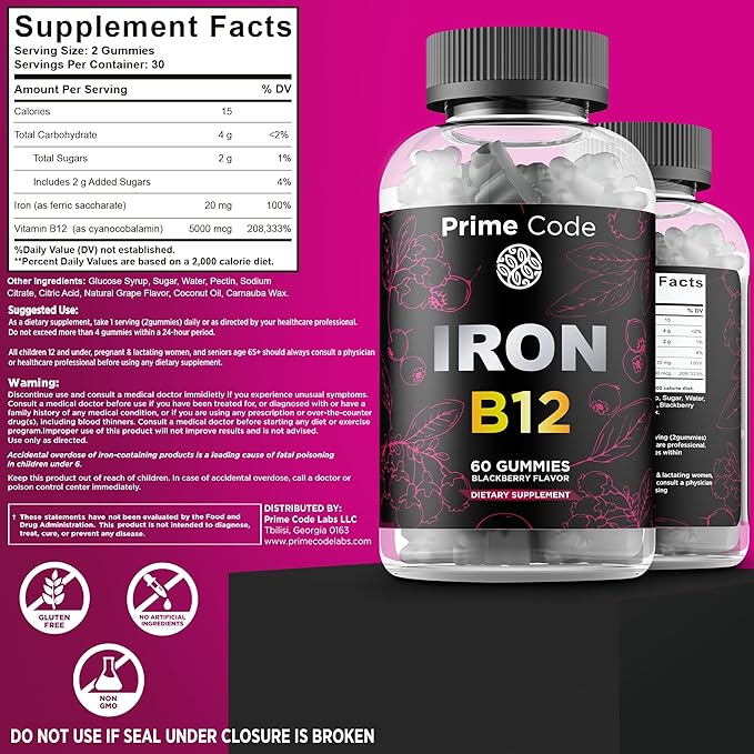 Prime Code Iron Gummies for Women &amp Men with Vitamin B12 Liquid Vitamin B1 Drops with Vitamin B3 B6 &amp B12 Liquid Vitamin A Supplement for Women &amp Men with Vitamin C E and D3