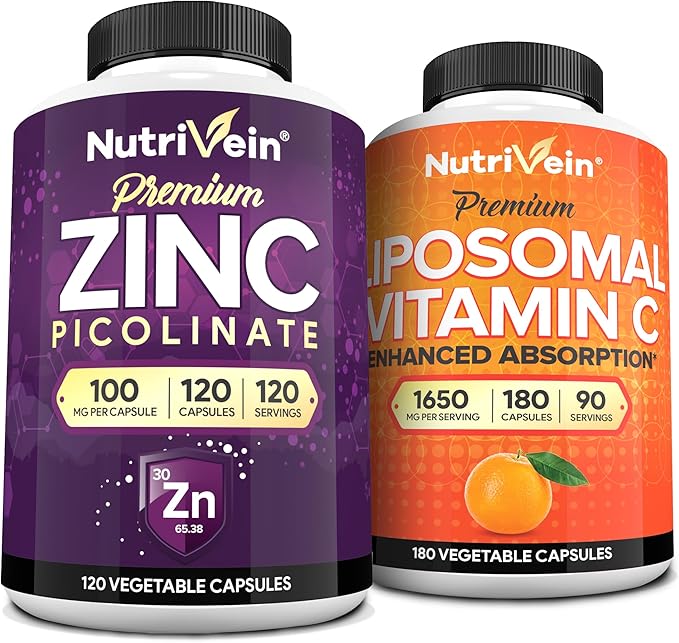 Nutrivein Premium Zinc Picolinate &amp Liposomal Vitamin C Supplement Bundle: High-Absorption Vitamin C Capsules &amp Zinc Supplements Defense and Vitality Bundle