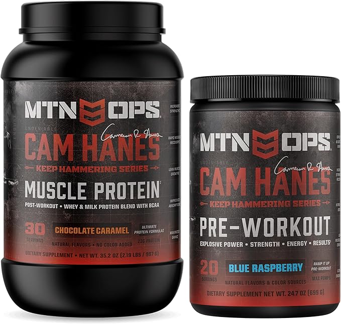 MTN OPS Cam Hanes Protein &amp Pre Workout Bundle – Chocolate Caramel Whey Protein + Blue Raspberry Preworkout