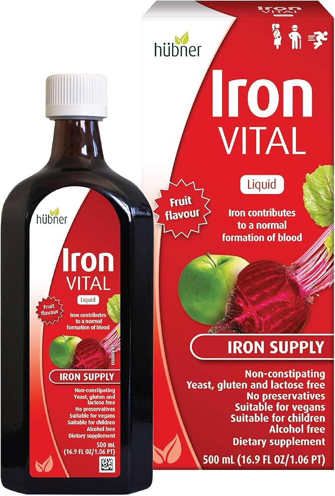 hübner Hubner Iron Vital Liquid Iron Supply Plus Vitamin C Dietary Supplement for Adults and Kids Vegan and Gluten-Free Fruit Flavor 500 ml Bottle 50 Servings