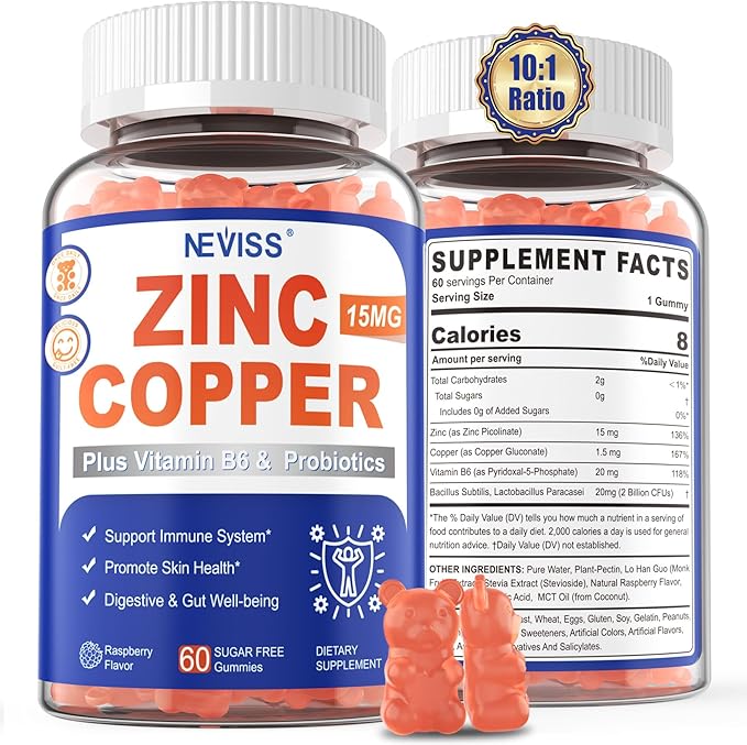 Zinc Picolinate Gummies with Copper + Probiotics Vitamin B6 for Max Absorption Zinc Supplements for Men and Women Two Essential Minerals Balance Formula for Immunity and Gut Health Vegan 60 Cts