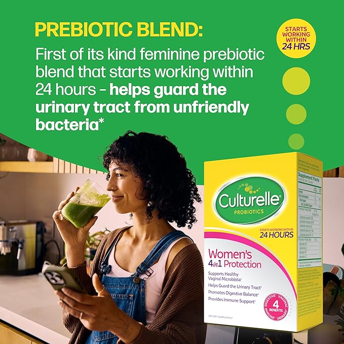 Culturelle 4-in-1 Probiotics for Women Daily Probiotic &amp Prebiotic Supplement to Support Vaginal Health Digestive Health Immune Health Occasional Diarrhea Gas &amp Bloating Relief Non-GMO