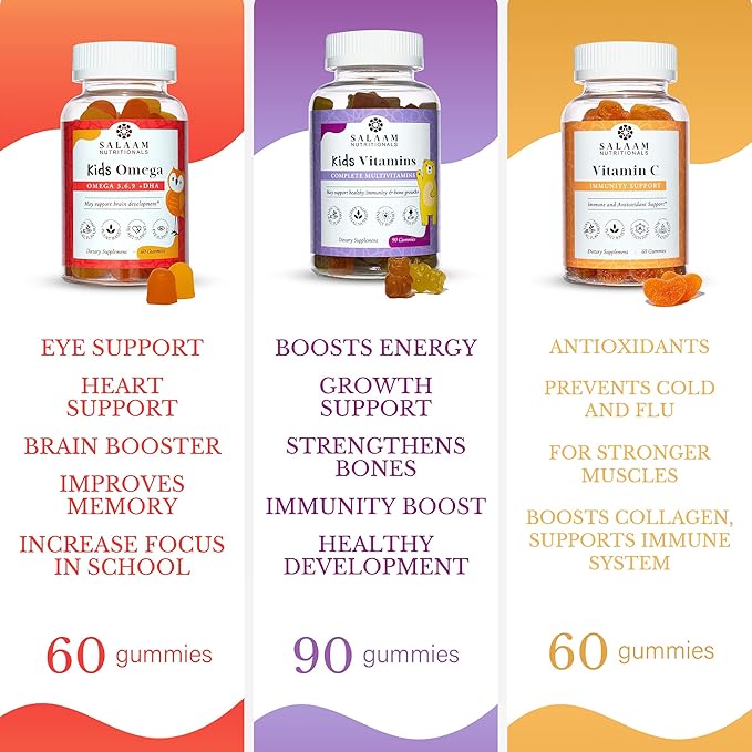 Salaam Nutritionals - Vitamin Pack Omega 3 + Dha for Kids Multivitamins for Kids Vitamin C Vitamin Gummies Bundle 3 Packs