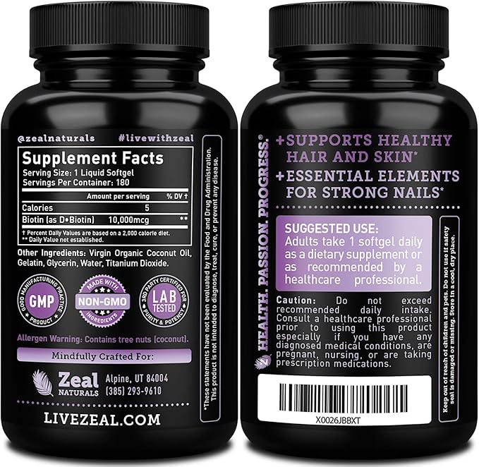 Zeal Naturals Biotin with Coconut Oil for Hair 10000mcg (180 Softgels) Supplement - Biotin Pills for Hair Skin and Nails Vitamins for Women Capsules for Men Hair Growth 6 mo Supply