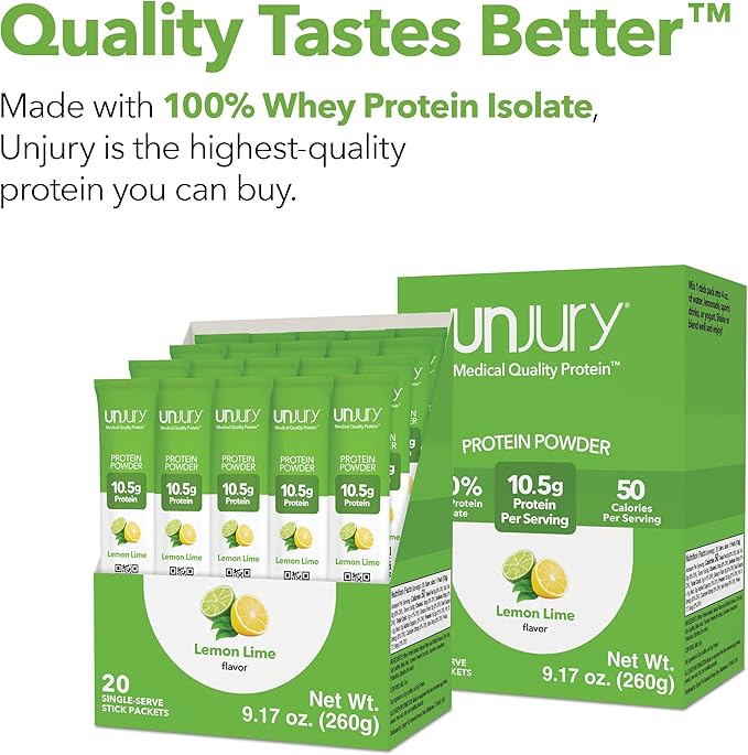Unjury Whey Protein Powder Individual Stick Packs | Lemon Lime | 10.5g 100% Whey Isolate Protein Powder | Low Carb and Lactose Free | Gluten Free | Certified Kosher | 20 Servings