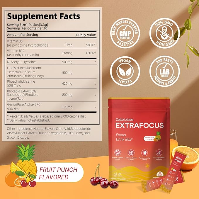 Nootropic Extra Focus Drink Mix 30 Packs On-The-Go Sticks Featuring Alpha-GPC Lion's Mane &amp Rhodiola Sugar-Free Packets Fruit Punch Clean Drink Mix