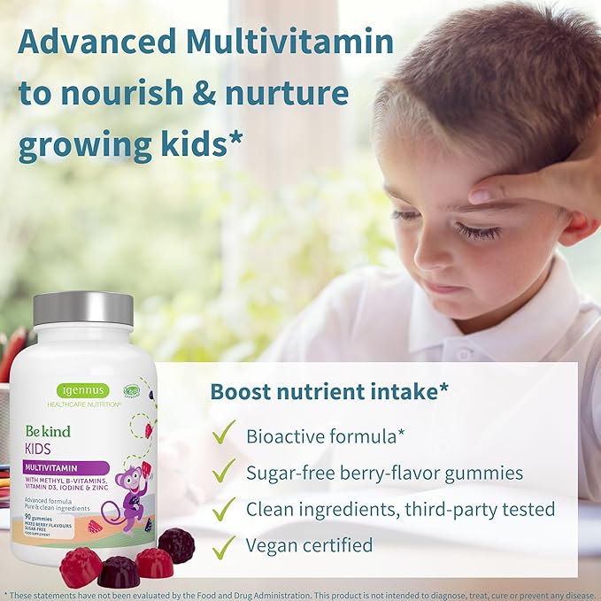 Igennus Methylated Kids Multivitamin Gummy + Gentle Buffered Vitamin C Chewable 500mg Kids Brain &amp Immunity Bundle 4y+ with B-Vitamins &amp Vitamin D + Sugar Free &amp Vegan