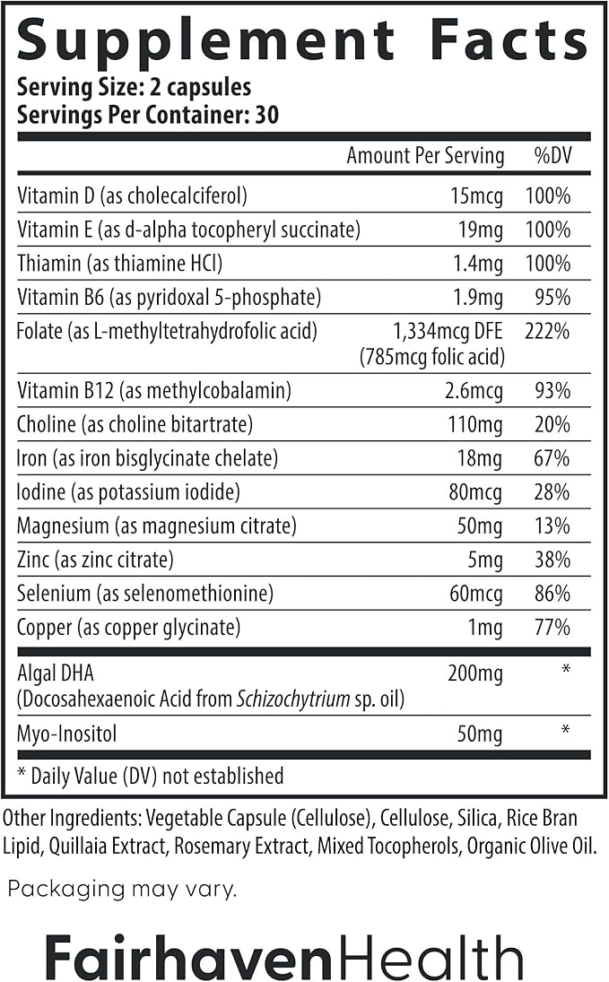Fairhaven Health Prenatal Multivitamin Essentials with DHA | Prenatal Vitamins + DHA Choline Myo-Inositol | Citrus Essence to Deter Nausea | Vegan | 60 Capsules