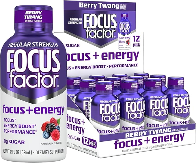 Focus Factor Focus + Energy Shots - 12 x 2oz Bottles (Berry Twang Flavor) - Powered by Nootropics with Caffeine L-Theanine Ginkgo Bacopa L-Tyrosine Alpha GPC