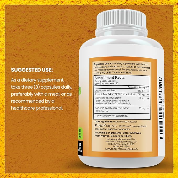 Turmeric Curcumin Supplement - 2250mg/d - Veggie Caps - 95% Curcuminoids with Black Pepper Extract (Bioperine) - 750mg Capsules - 100% Organic - Most Powerful Turmeric (Pack of 2)