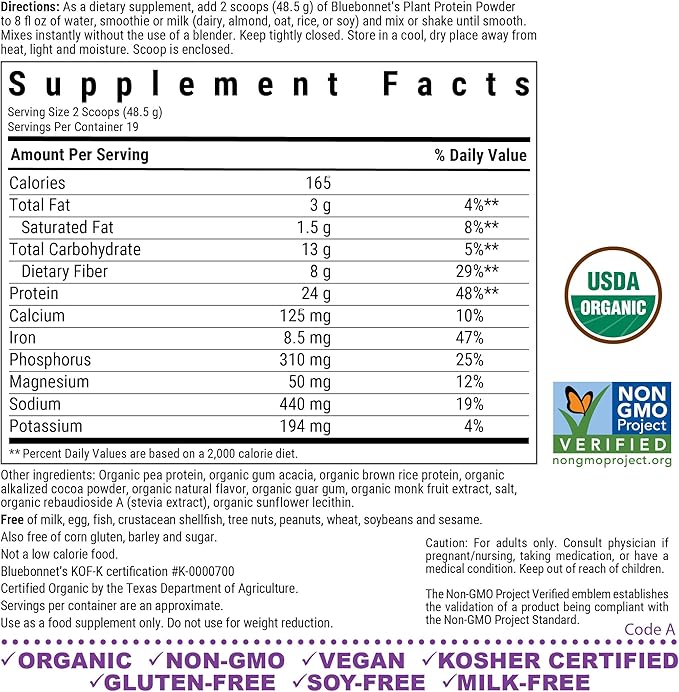 BlueBonnet Nutrition Organic Plant Protein Powder 24g Plant Based Protein Zero Sugar 8g Prebiotic Fiber USDA Organic Non-GMO Kosher Gluten-Free Soy-Free Vegan Chocolate Flavor 19 Servings