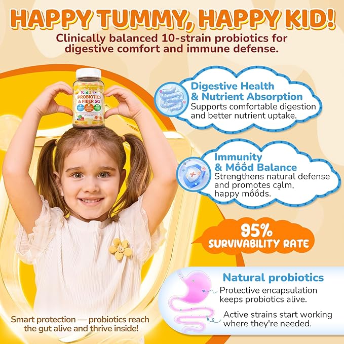 2Pack Kids Probiotic + Prebiotic Fiber Gummies 5G 12 Billion CFU Probiotic &amp Veggie Fruit Fiber w/ Organic Inulin Methyl B12 B6 D3 C Lutein for Children's Digestive &amp Gut Immune HealthSu