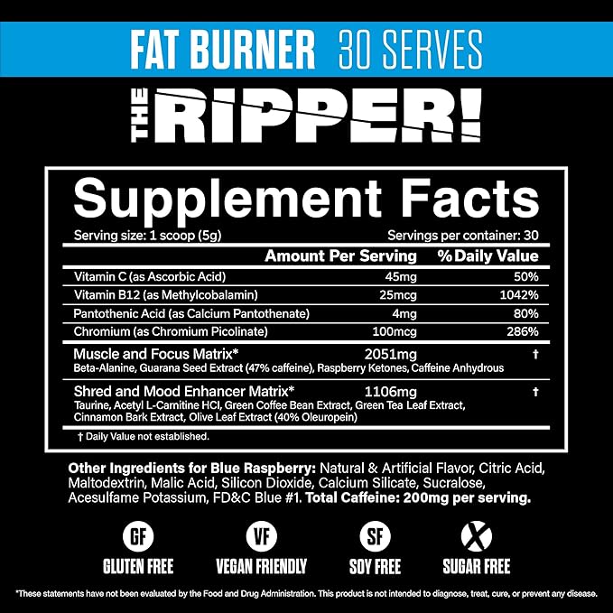 JNX SPORTS The Ripper! Fat Burner Pre Workout for Men &amp Women – Thermogenic Fat Burning Powder &amp Appetite Suppressant Boost Energy &amp Endurance – Blue Raspberry 30 Servings