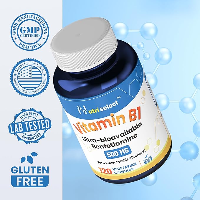 Vitamin B1 500mg 120 Caps Non-GMO &amp Vegan &amp Gluten-Free with Benfotiamine(3 Bottles)