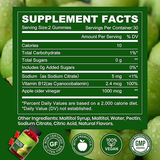 NEWELLME Sugar-Free Apple Cider Vinegar Gummies B12 MultivitaminACV Supplement Gummy VitaminsVegetarian Supplement for Women &amp MenNon GMOSupport Normal Energy Levels &amp Gut Health 120 Gummi