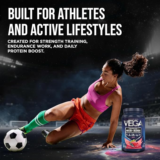 Vega Sport Vegan Protein Powder + Recovery - 30g Plant Based Protein per Serving Berry 19 Servings 5g BCAAs Probiotics NSF Certified for Shakes &amp Smoothies 1.8lbs (Packaging May Vary)