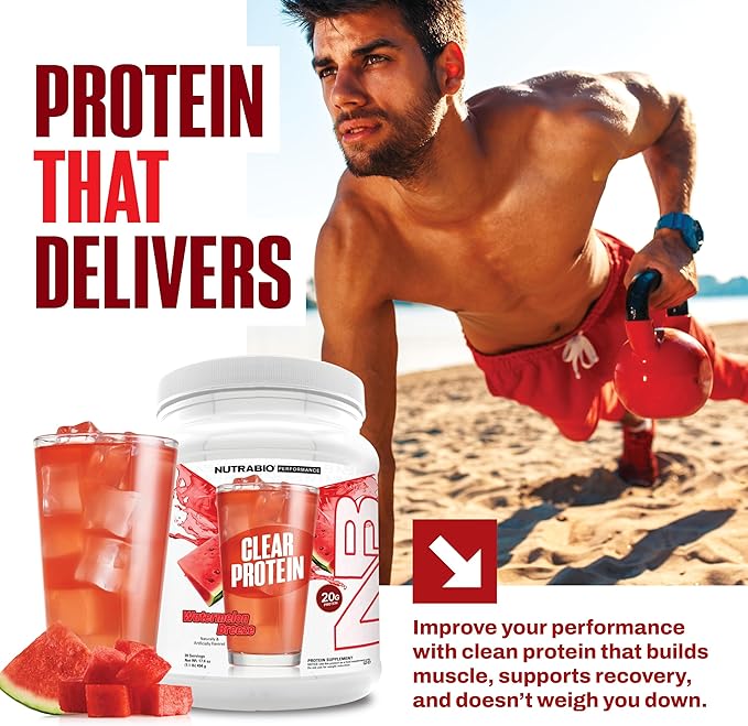 NutraBio Clear Protein Powder Watermelon Breeze - 20 Servings 20g Clear Whey Protein Isolate 0 Sugar 0g Lactose Refreshing Fruit Flavors GLP1 Support -Bone Health - Muscle Post Workout Recovery