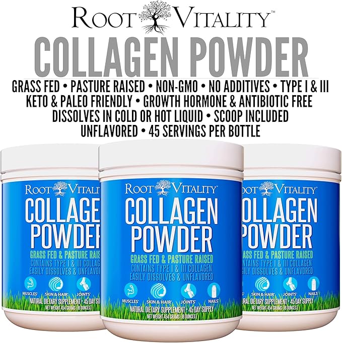 Root Vitality Collagen Peptides Powder - Grass-Fed Pasture-Raised Hydrolyzed Protein Supplement for Skin Hair &amp Nails - Non-GMO Zero Sugar Daily Supplement for Men &amp Women (45 Servings)