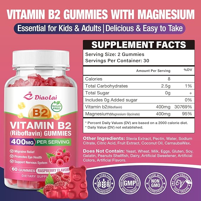 Vitamin B2 Gummies Riboflavin 400mg Supplement with Magnesium for Kids &amp Adults B2 Gummies for Migraine Relief &amp Nervous System Support Vegan Raspberry Flavor 120 Count