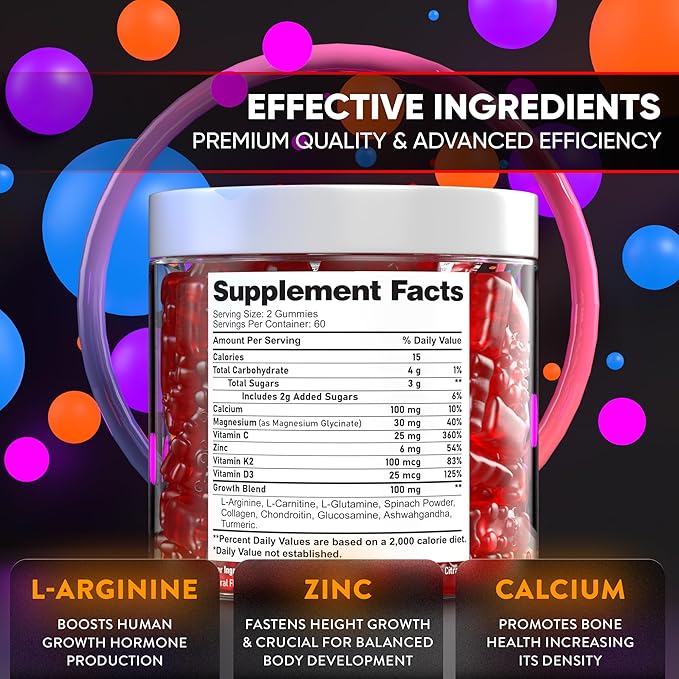 Height Growth Increase Gummies Vitamins Grow Tall Supplement Calcium Magnesium Zinc Ashwagandha Glucosamine Multivitamin for Teens Kids 120 Gummies