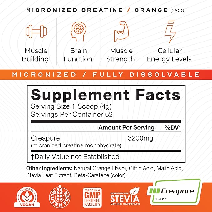 Muscle Feast Creapure - Micronized Creatine Monohydrate Powder | Premium Pre-Workout or Post-Workout | Flavored Creatine for Women &amp Men | Easy to Mix Gluten-Free Safe and Pure (Orange 250g)