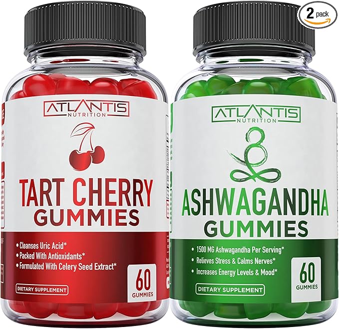 60 Ashwagandha Gummies + 60 Tart Cherry Gummies -Ashwagandha Boosts Energy Levels &amp Strengthens Immune System - Tart Cherry Has Advanced Uric Acid Cleanse for Immediate Gout Pain Reli