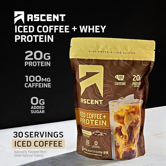Ascent Iced Coffee Protein Powder - High Protein Coffee Powder 20 g Protein &amp 100 mg Caffeine - 30 Servings