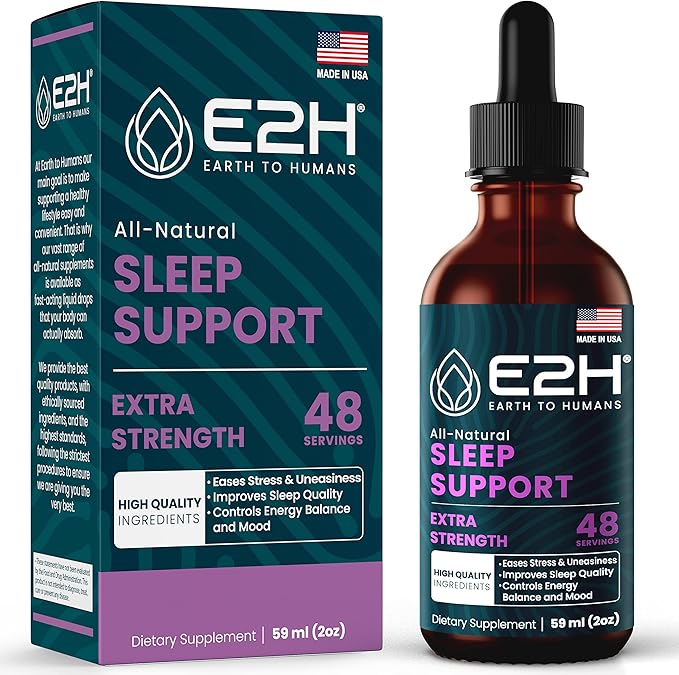 E2H Natural Sleep Support - Liquid Melatonin with Chamomile Theanine - Sleep Better Deeper Longer - Vegan GMO-Free - Provides Stress Relief - 2 Fl Oz
