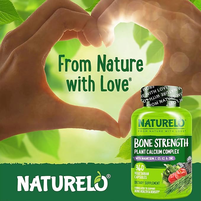 NATURELO Calcium Supplement - with Vitamin C Vitamin D3 K2 and Calcium Magnesium Zinc for Bone Strength with Calcium 600mg - Plant-Based 360 Vegetarian Capsules Non-GMO Soy &amp Gluten-Free