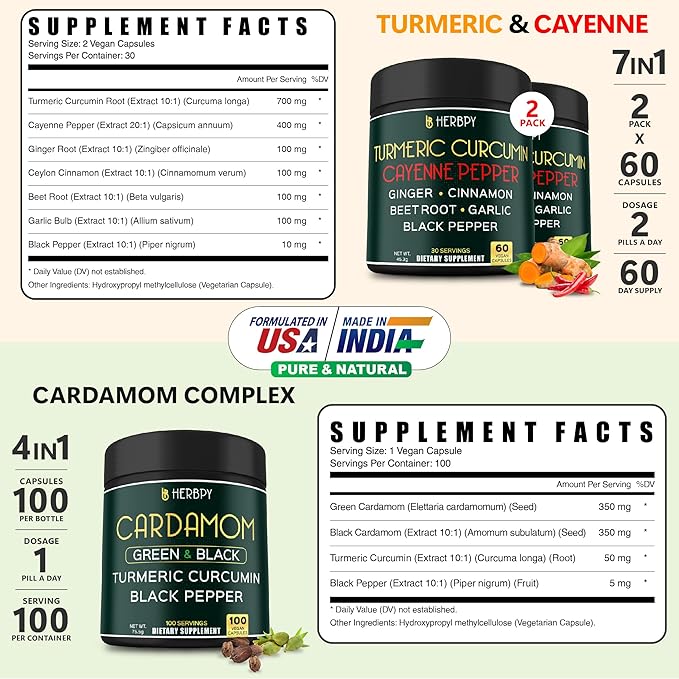 Bundle 2-Pack 60 Count 7in1 Curcumin Supplement &amp 100 Count 4in1 Cardamom Supplement for Digestion Heart Health and Natural Wellness