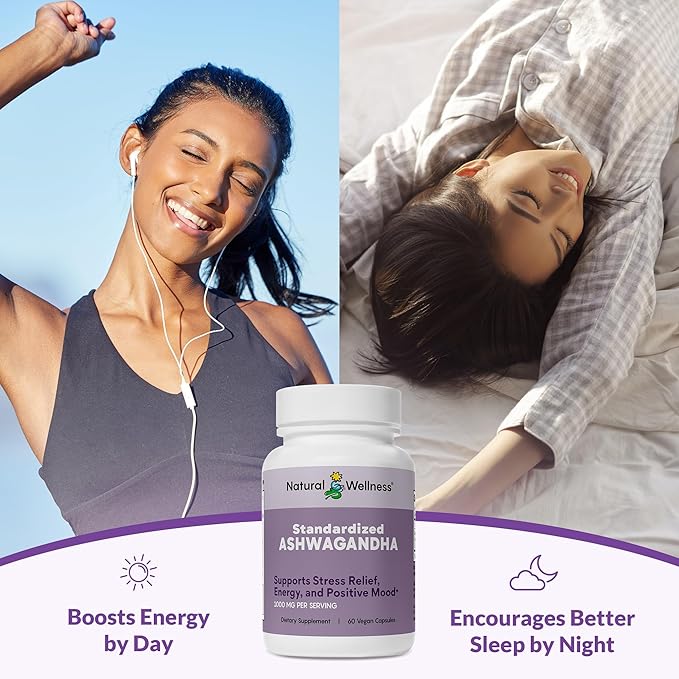 Natural Wellness Ashwagandha Root Extract 1000 mg – High Potency Stress Relief &amp Mood Support – Promotes Relaxation Sleep &amp Energy Balance – Standardized to 7% – 60 Vegan Capsules (30 Day Sup