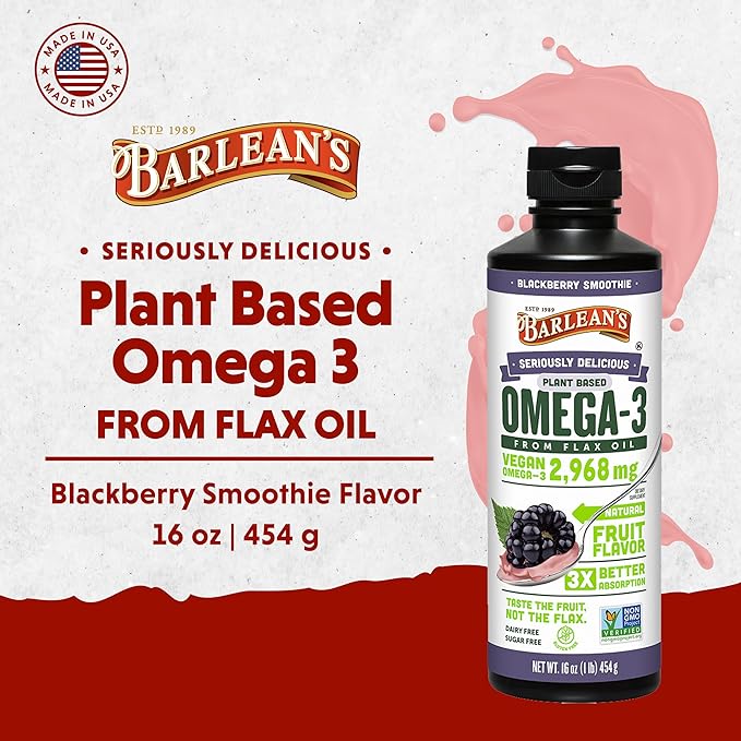 Barlean's Vegan Omega 3 6 9 Flaxseed Oil Liquid Supplement BlackBerry Smoothie Flax Seed Oil 2968 mg ALA Fatty Acid Non-GMO and Gluten Free 16 oz