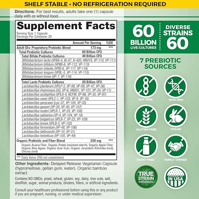 Vital Planet - Vital Flora Adults Over 55 Daily Probiotic 60 Billion CFU Diverse Strains Organic Prebiotics Immune and Digestive Health Shelf Stable Probiotics for Women and Men 30 Capsules